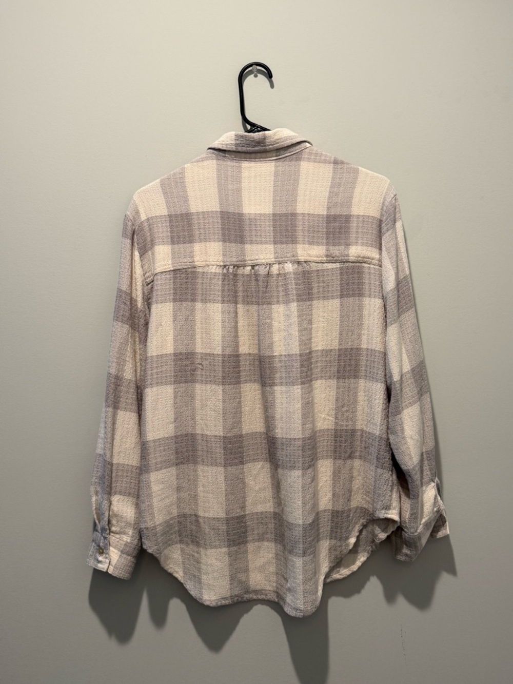 Black Tape_ Women's Plaid Button-Down Shirt in Cream and Light Gray - Picture 2 of 3